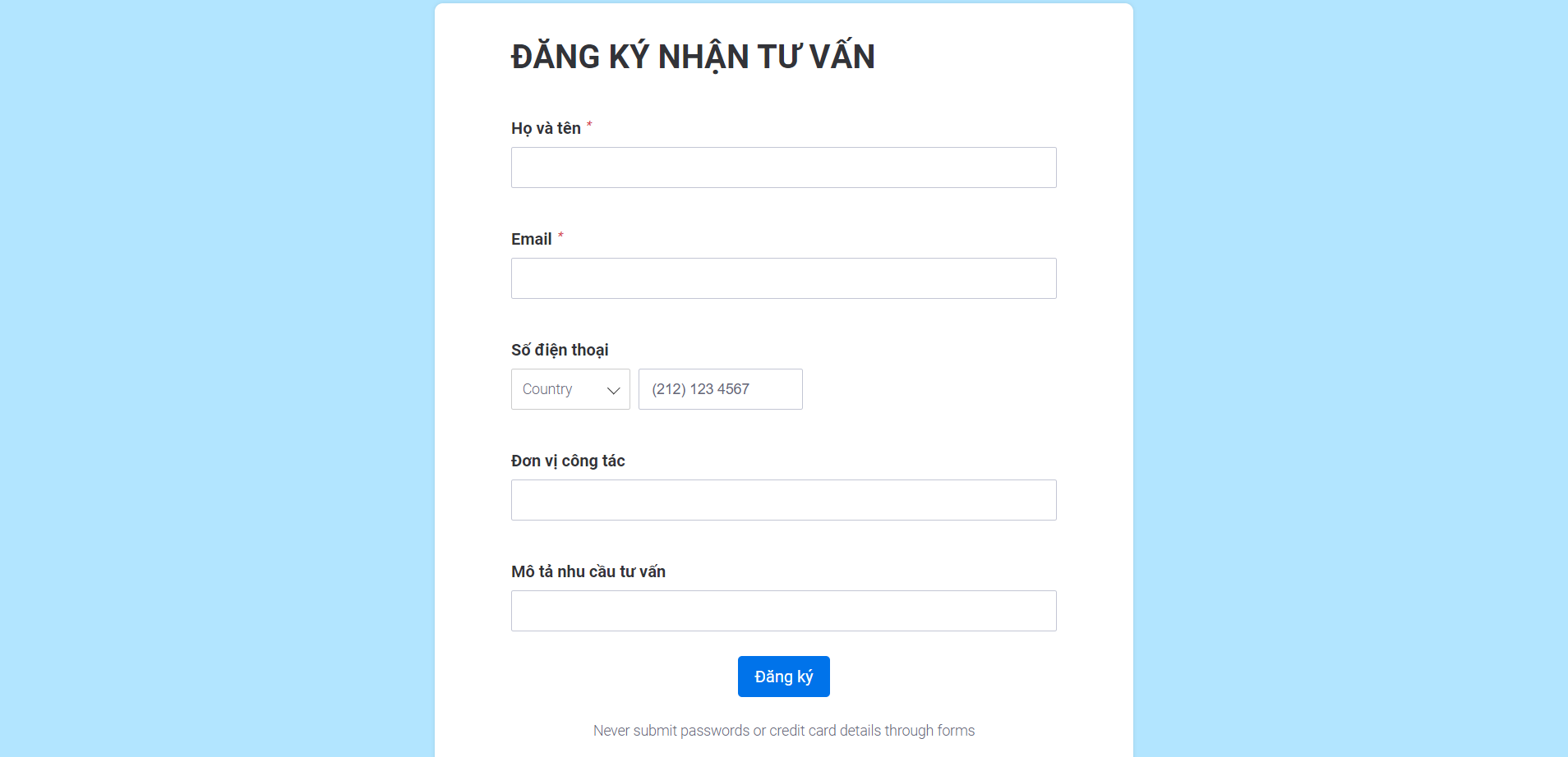 Form điền thông tin khách hàng